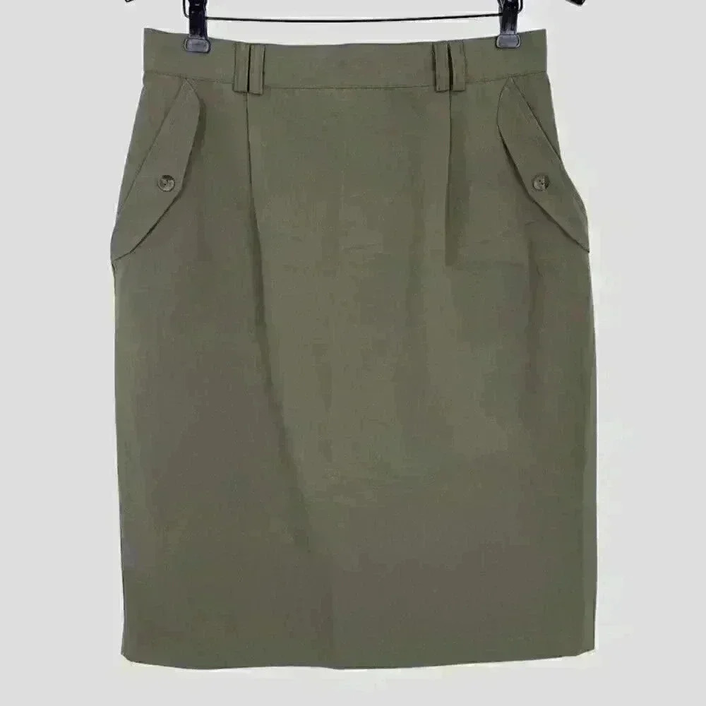 Audrey L Women's Back Slit Skirt 14 Tan Zip Fly Belt Loops Pockets
